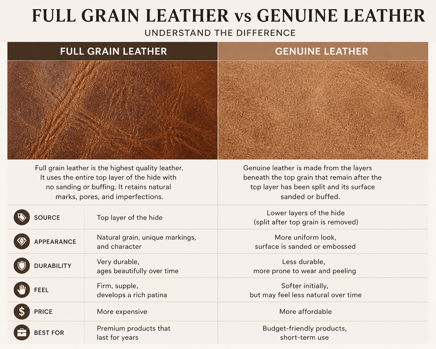 "full grain leather vs genuine leather texture comparison India"