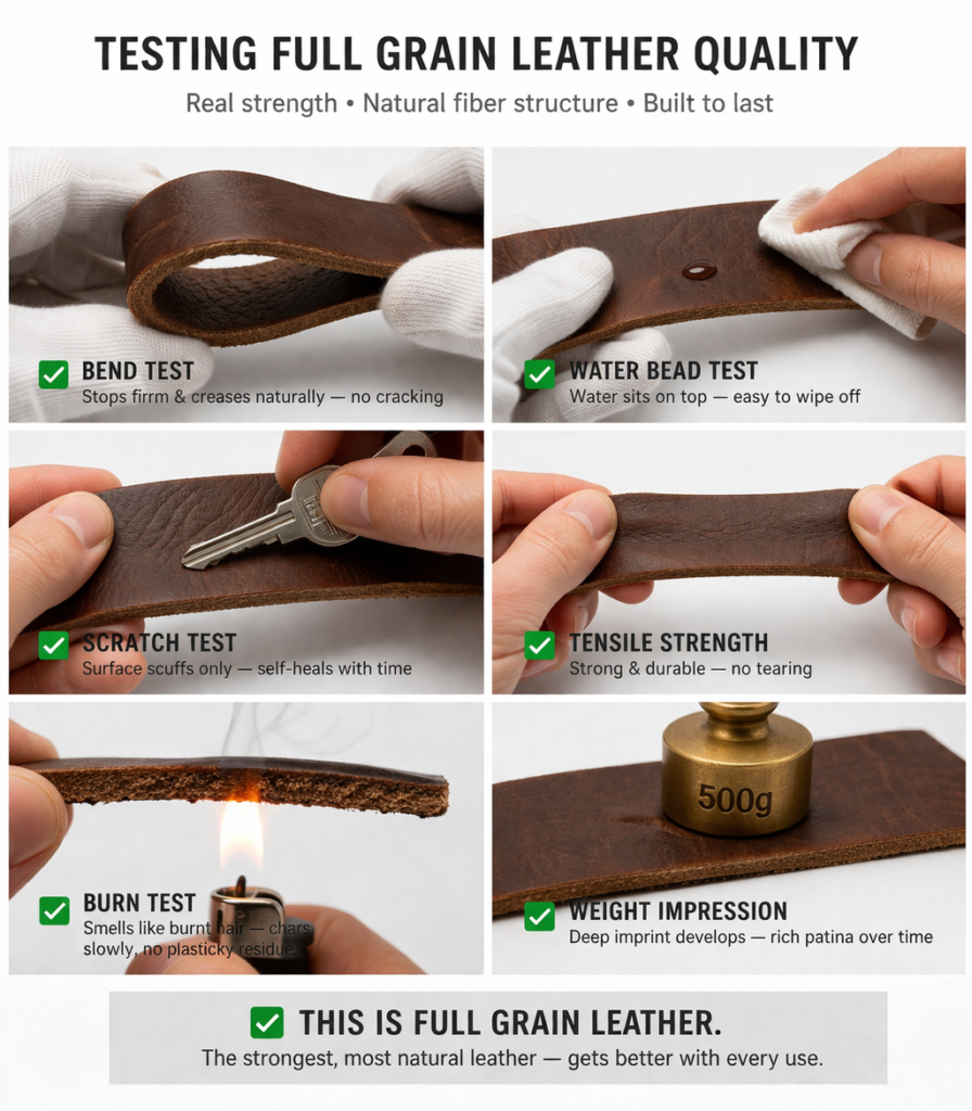 "how to test real leather quality full grain water drop edge bend"