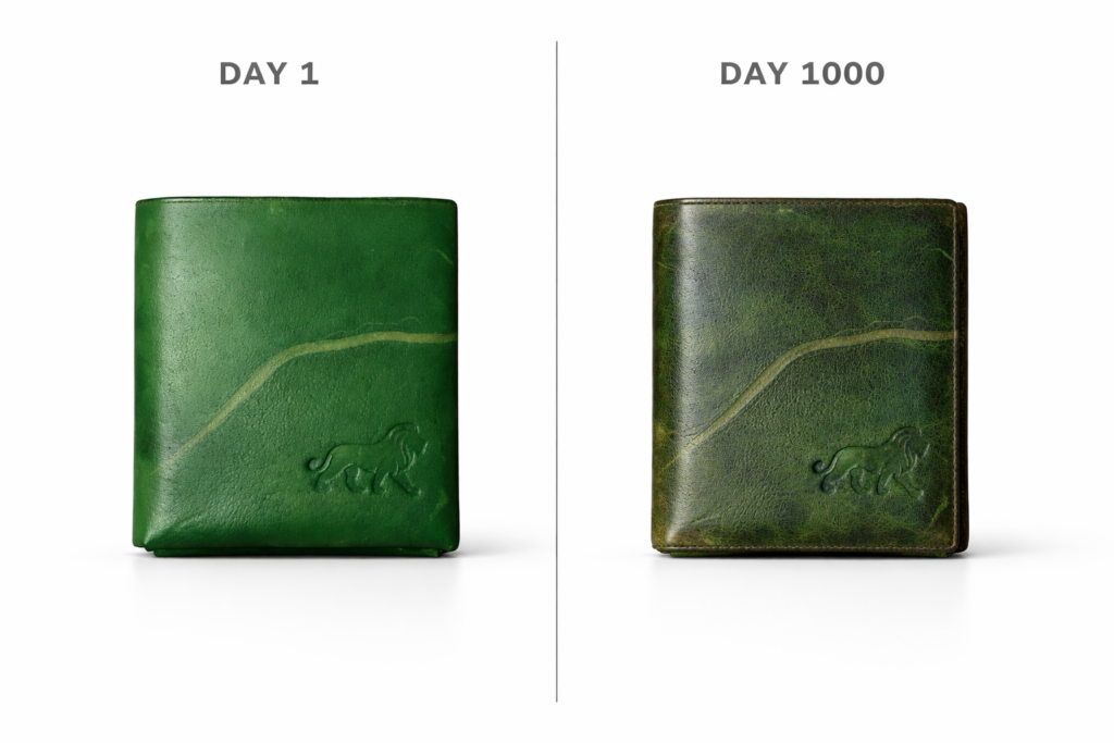 "full grain leather wallet patina aging 90 days Raonero India"